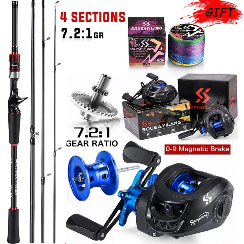 Sougayilang Carbon Fiber Fishing Rod and Baitcasting Reel Combo - 1.8~2.1m Casting Rod with 7.2:1 Gear Ratio and 10kg Max Drag for Bass Fishing