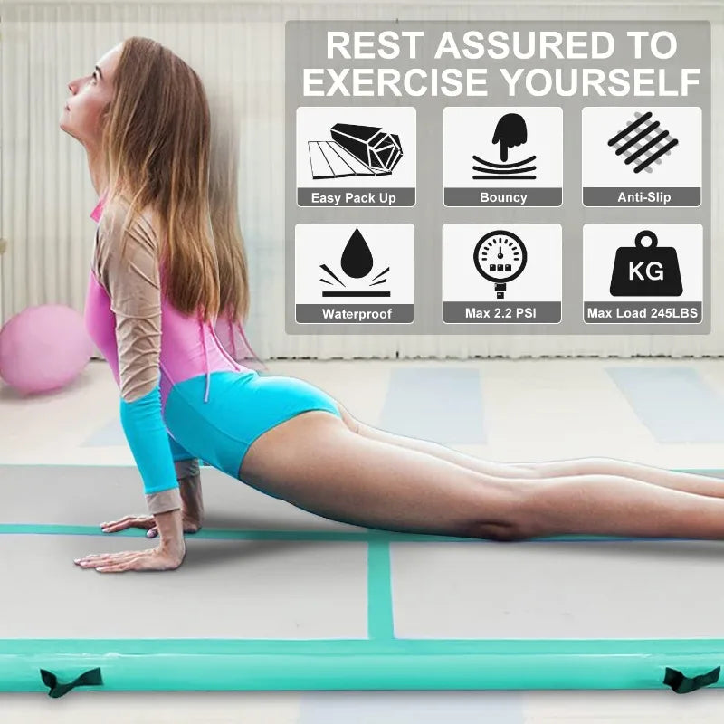 Train Anywhere: Inflatable Gymnastics Tumbling Mat with Electric Pump – 4” Thick Support