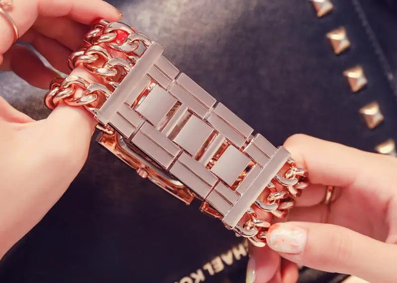 G&D Women's Fashion Bracelet Watch – Golden Quartz Wristwatch with Rhinestone Chains & Large Dial