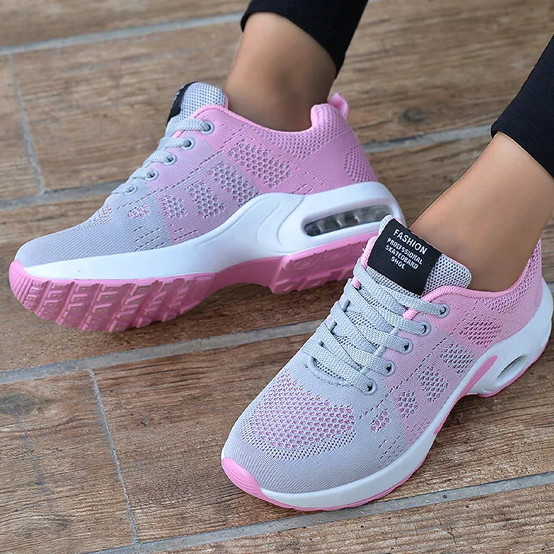 Women's Air Cushion Sneakers – Stylish Mesh Sports & Running Shoes | Non-Slip, Comfortable Walking & Training Shoes in Pink & Black