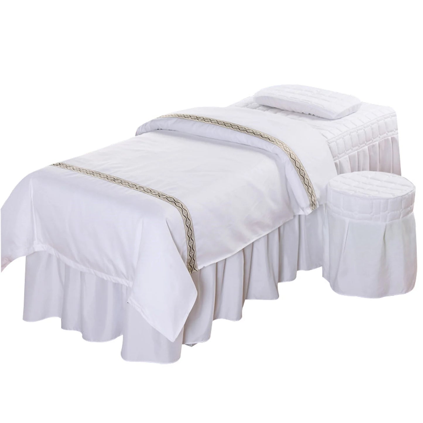 Pure White Massage Table Set – Includes Bed Skirt, Pillow Case, Stool Cover, and Quilt Cover for a Professional Spa Look!