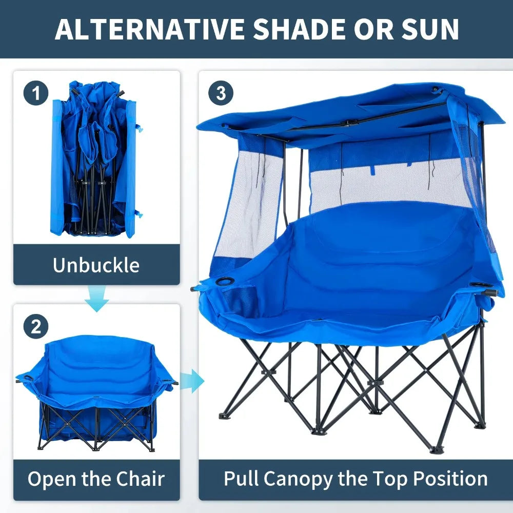 Oversized Double Camping Chair with Shade Canopy, 2 Person Folding Beach Chair with Cup Holder Carrying Bag, Heavy Duty Loveseat