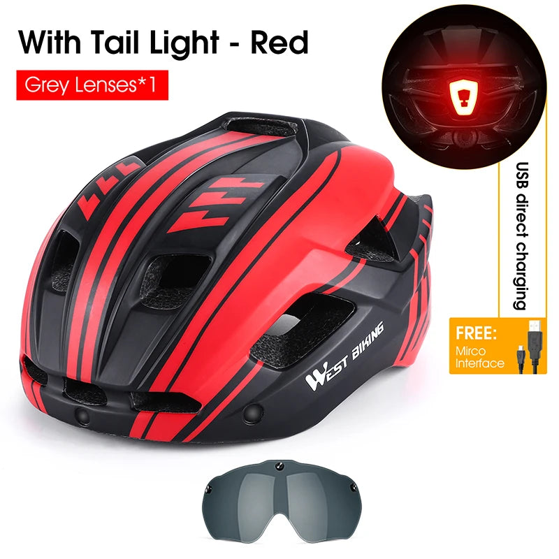 WEST BIKING Unisex Cycling Helmet with Taillight, Goggles, and Sun Visor – Safety Helmet for MTB, Road Bikes, and Motorcycles