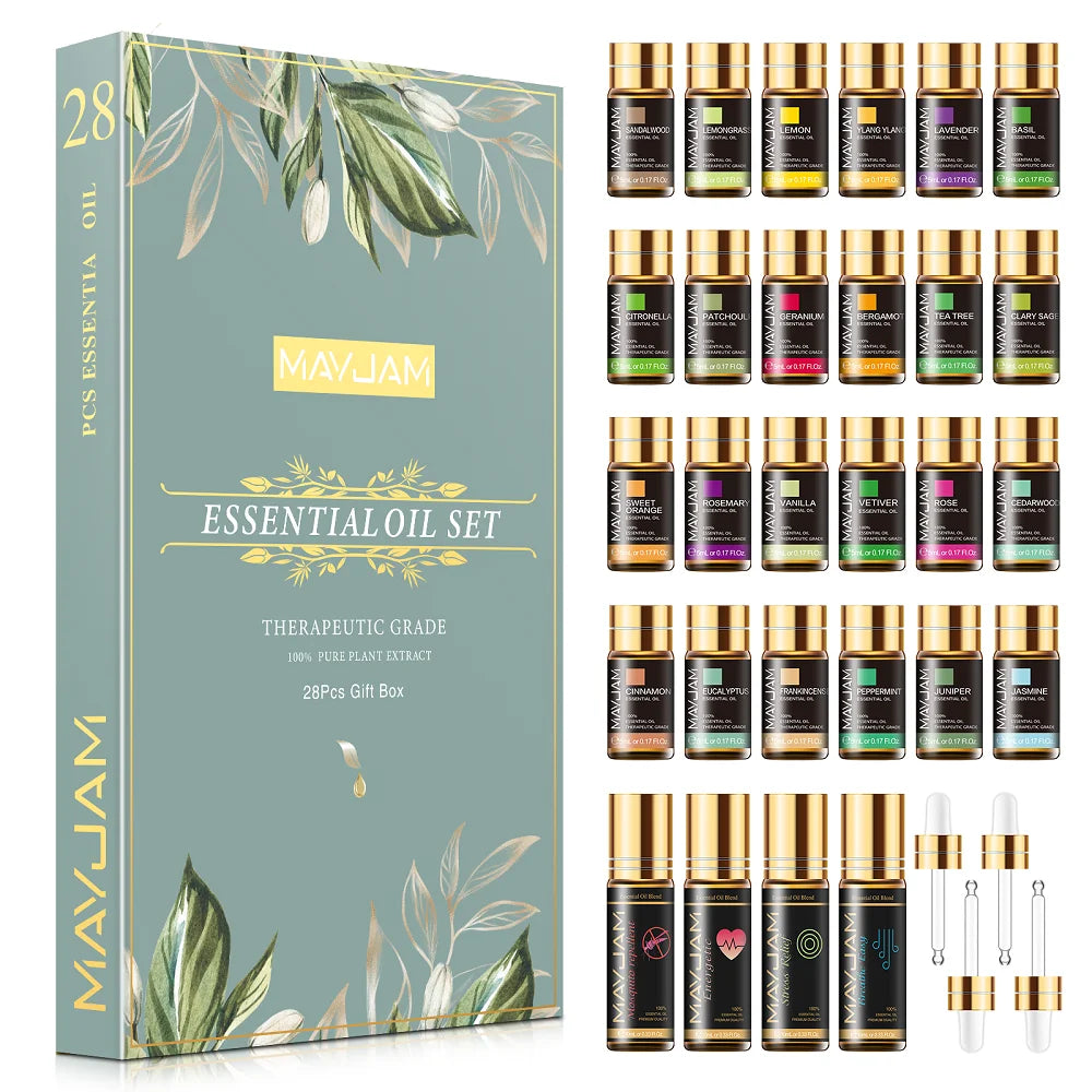 28-Piece Pure Natural Essential Oils Gift Set for Massage, Shower, Diffuser - Lavender, Vanilla, Sage, Jasmine, Rose - Stress Relief and Aromatherapy