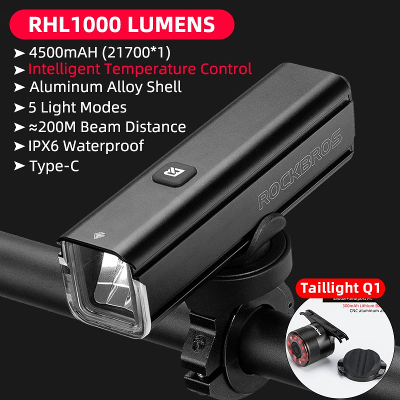 Illuminate Your Ride with ROCKBROS 1000LM Type-C Rechargeable Bicycle Front Light – Powerful LED, 4500mAh Battery, Waterproof Design