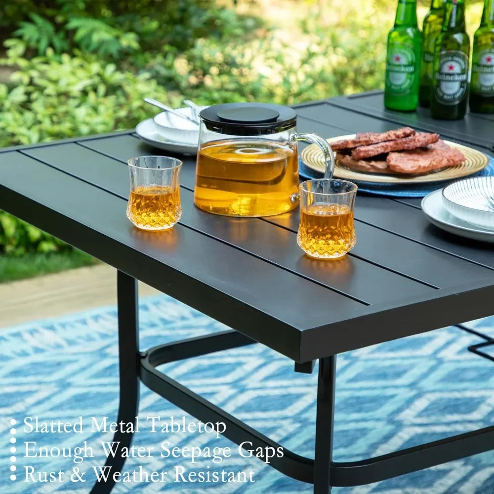 Rectangular Metal Outdoor Dining Table for 6 - Black Weather-Resistant Steel Slatted Patio Table