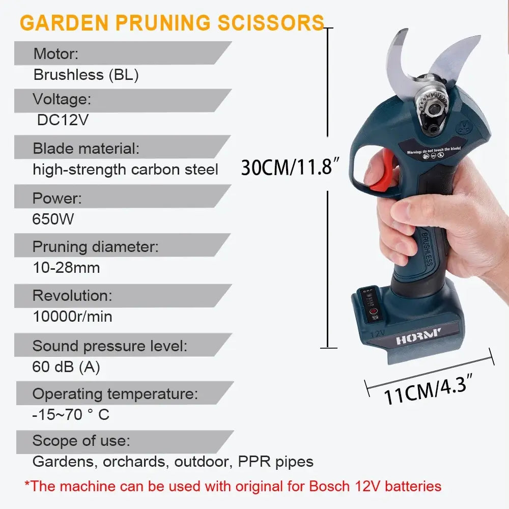 Hormy Gardens Brushless Electric Cordless Pruner: Efficient 12V BOSCH Battery-Powered Shears for Fruit Trees, Orchards, and Shrubs