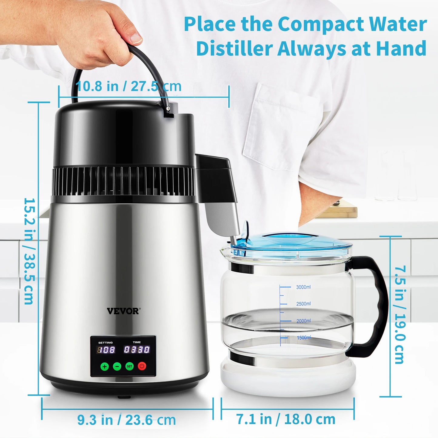 4L Water Distiller with Touch Screen - 1 L/H Purifying Speed, Drinking Water Filter and Dispenser for Home Use.