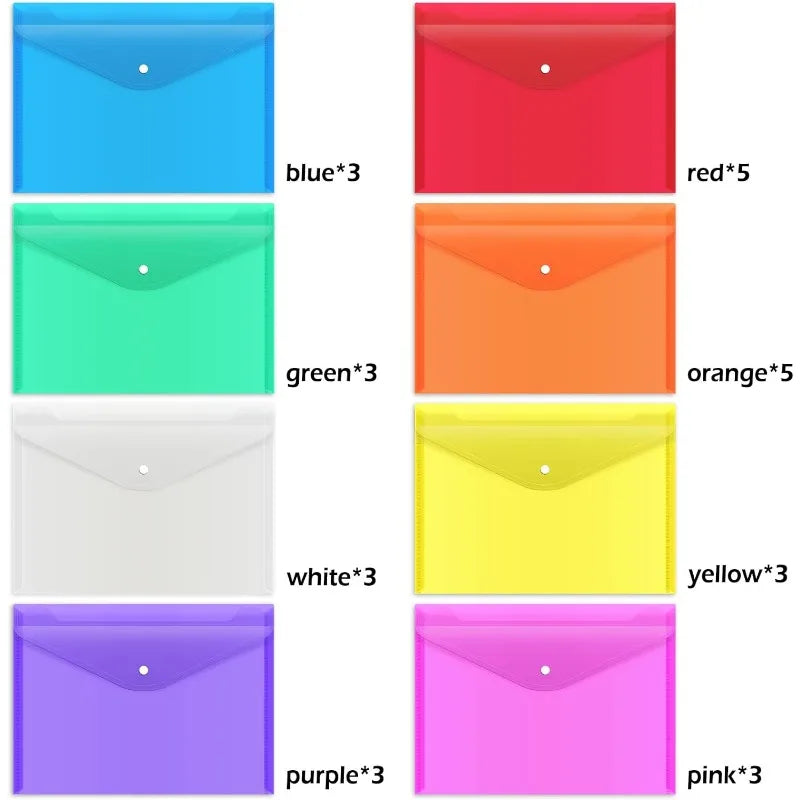 28pcs A4 Plastic Document Folders with Snap Closure - 8 Color Set for School and Office