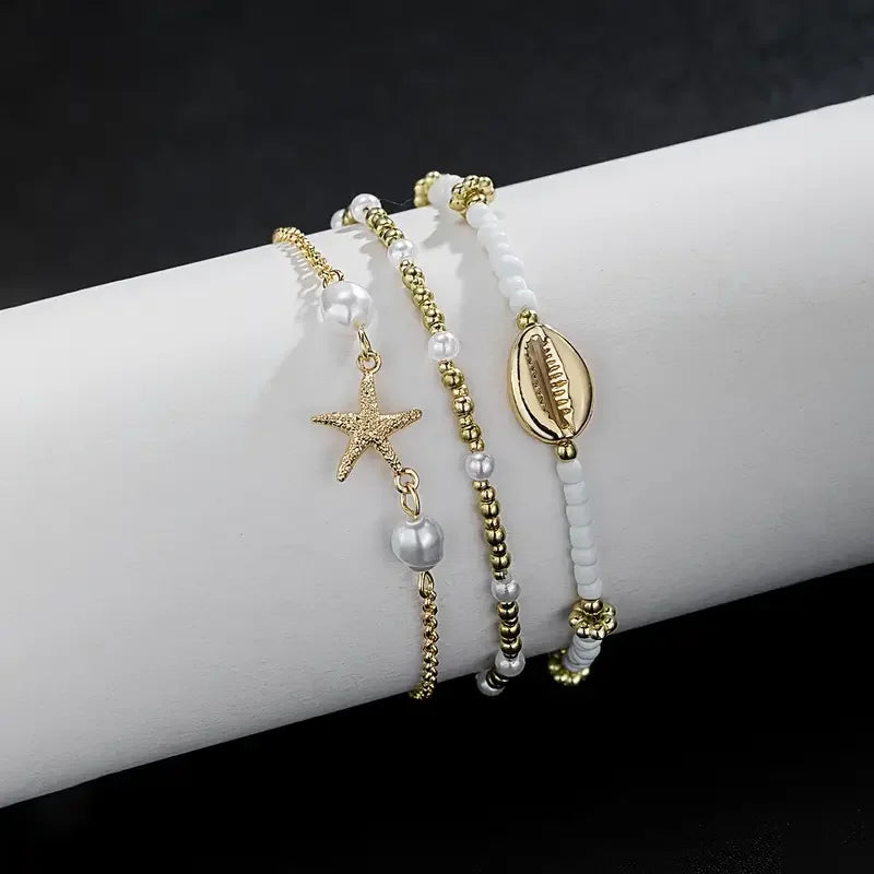 3-Piece Beach Anklet Set for Women – Vintage Gold Starfish & Shell Charms, Summer Boho Jewelry for Vacation & Daily Wear