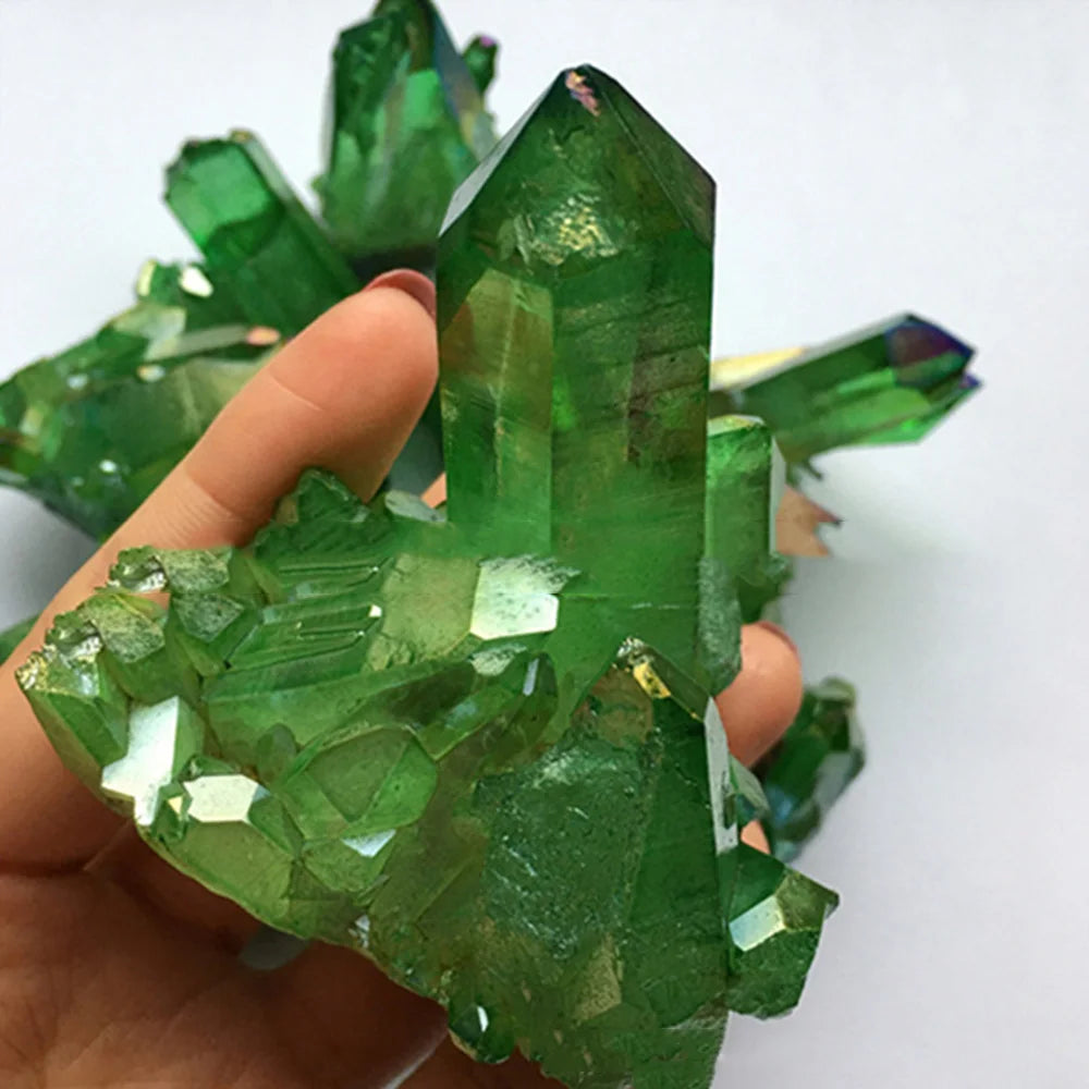 Aura Green Titanium Quartz Crystal Cluster – Natural Healing Gemstone Specimen for Energy & Decor