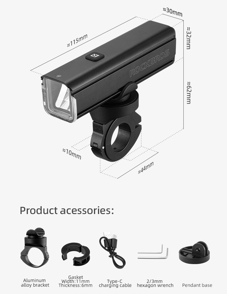 Illuminate Your Ride with ROCKBROS 1000LM Type-C Rechargeable Bicycle Front Light – Powerful LED, 4500mAh Battery, Waterproof Design