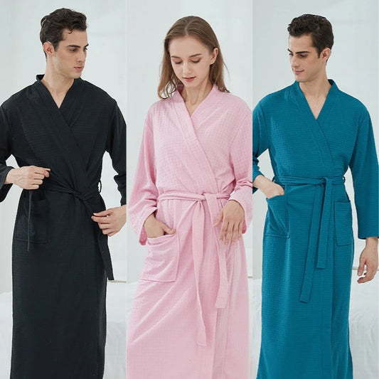Unisex Waffle Bathrobe – Long, High-Quality Robe for Men & Women, Solid Black Plaid, Comfortable Loungewear or Nightwear