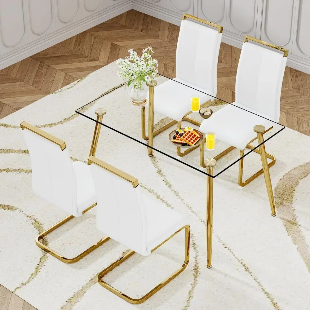 5-Piece Glass Dining Table Set – Modern Kitchen Table with 4 PU Leather Chairs for Dining Room or Apartment