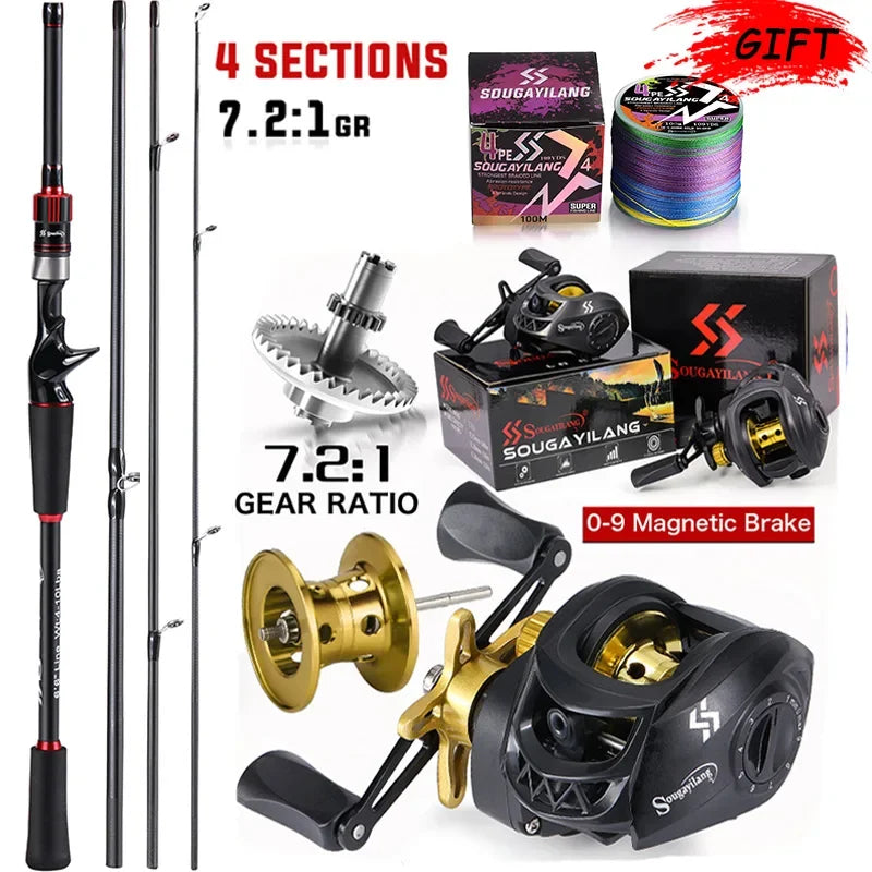 Sougayilang Carbon Fiber Fishing Rod and Baitcasting Reel Combo - 1.8~2.1m Casting Rod with 7.2:1 Gear Ratio and 10kg Max Drag for Bass Fishing