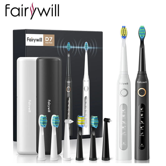 Fairywill FW-507 Sonic Electric Toothbrush: Ultra Sonic, 5 Modes, USB Charger, Waterproof IPX7 with 3 Brush Heads – Perfect Gift!