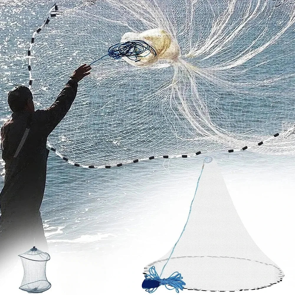 Cast Net (4ft-8ft Radius) – Premium Small Mesh Throw Net for Saltwater Fishing with Aluminum Sinkers