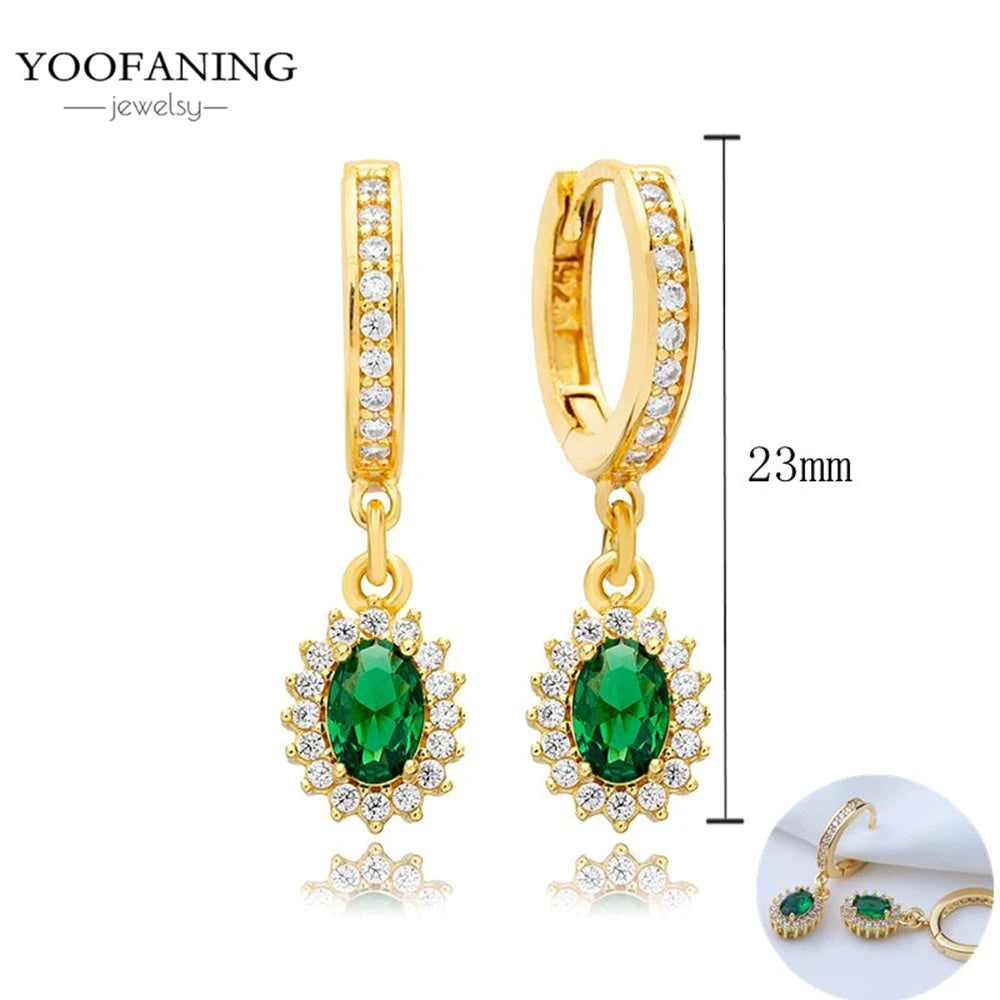 925 Sterling Silver Women's Earrings – Heart-Shaped Green Zircon Flower with Geometric Luxury Design