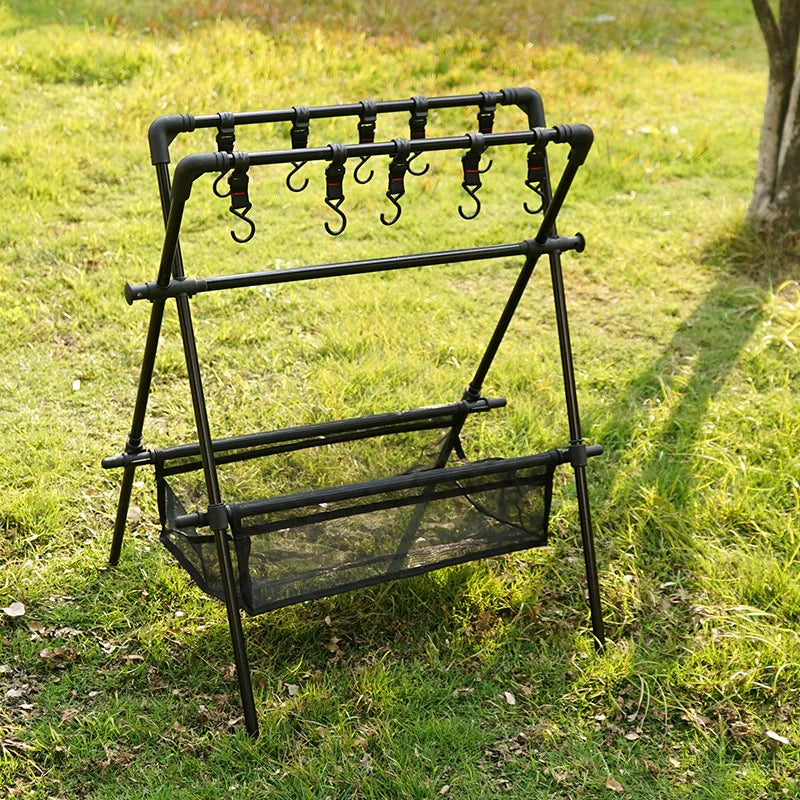 Aluminum Alloy Folding Camping Triangle Shelf - Double-Layer Hanging Rack with Hook and Net Bag for Outdoor Glamping and Picnics