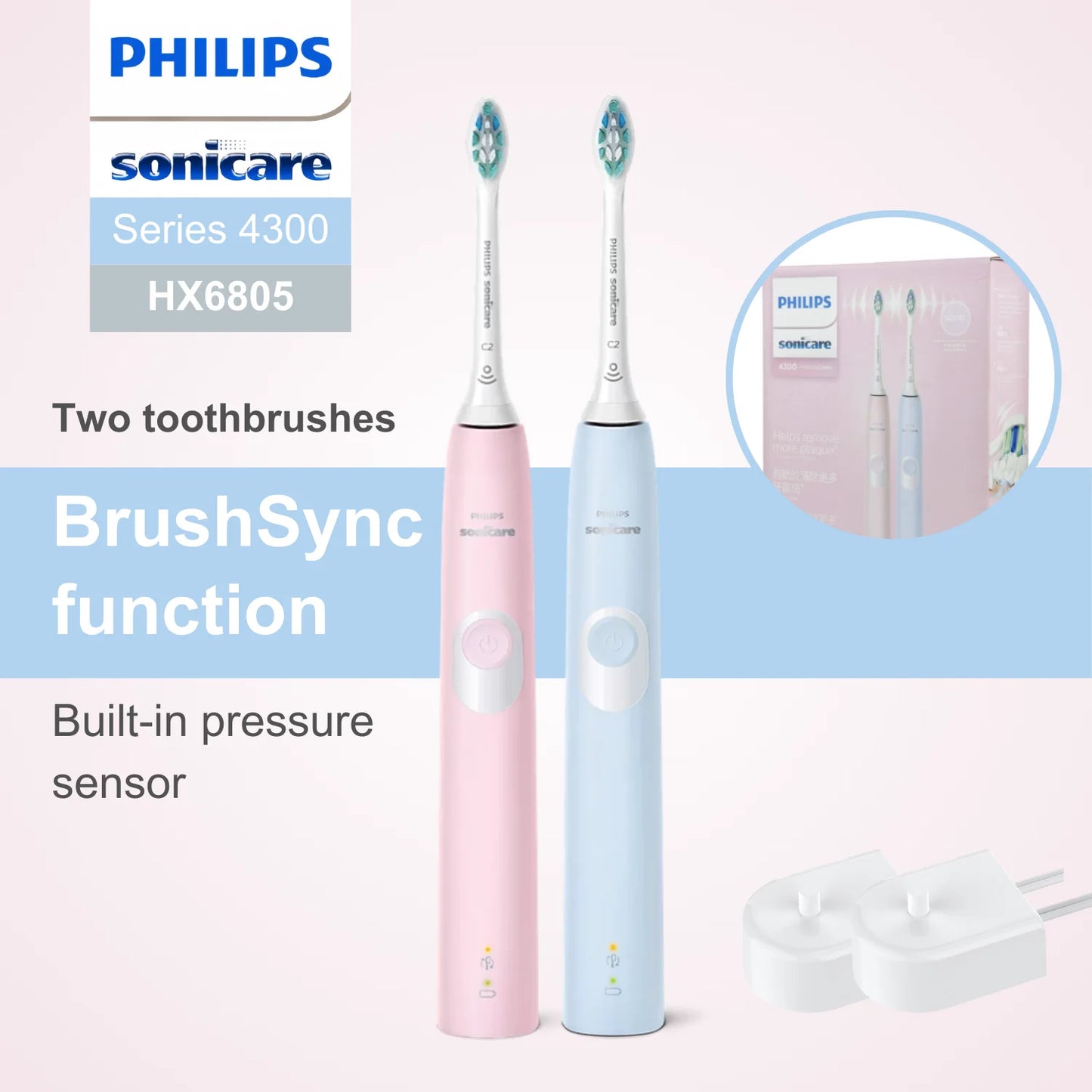 Sonicare Electric Toothbrush Series 4300 HX6805 – Set of Two Toothbrushes, Wet & Dry Use for Superior Oral Care