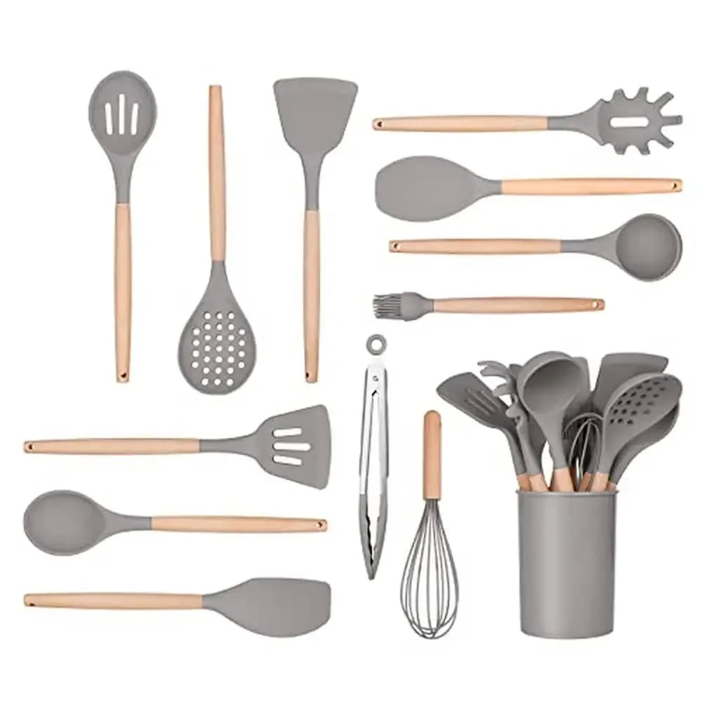 13-Piece Silicone Cooking Utensils Set with Wood Handles - Heat Resistant, Non-Stick, and BPA-Free Kitchen Essentials!