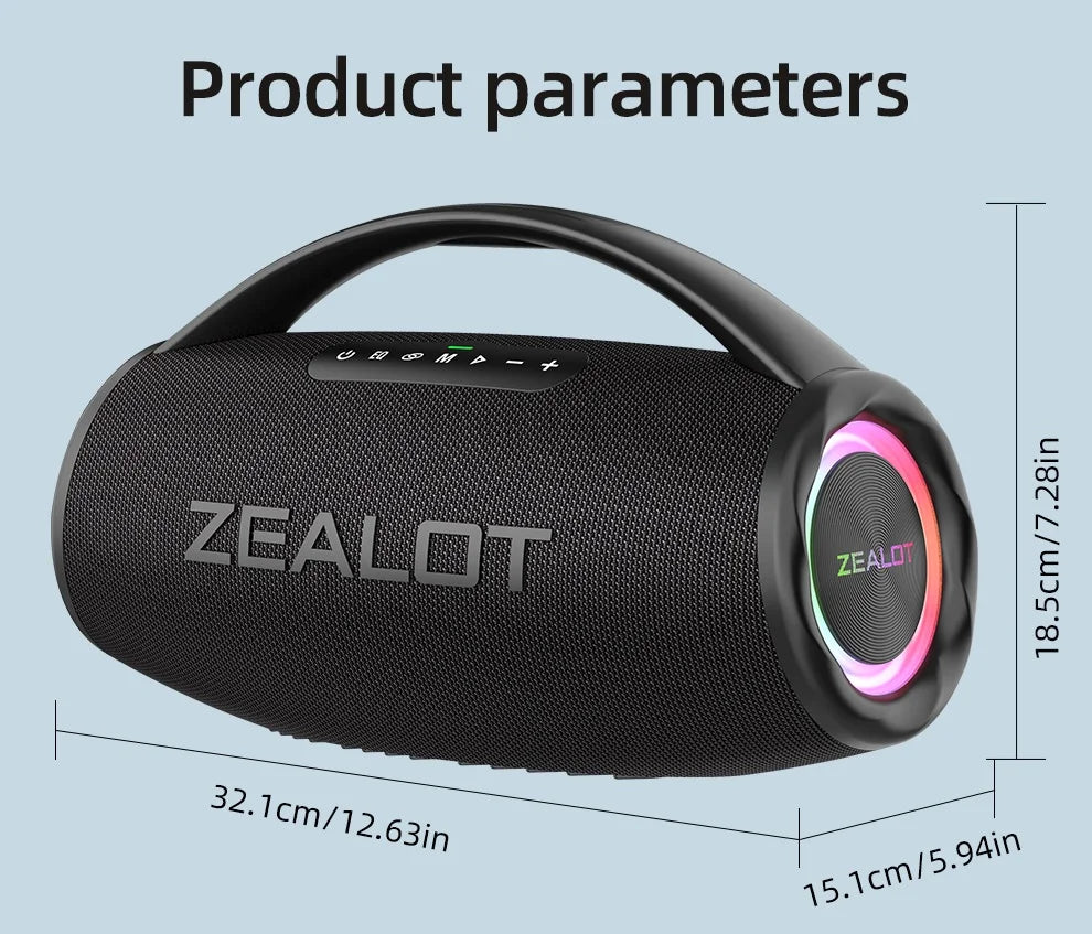 Zealot S97 80W Bluetooth Speaker – Portable Wireless Subwoofer with RGB Lights, Waterproof, 360° Stereo Surround, TWS & FM Radio
