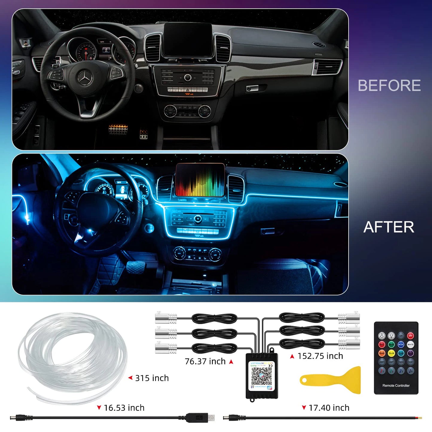 Enhance Your Car Interior: RGB LED Fiber Optic Ambient Strip Lights with Remote Control App for Customized Atmosphere and Decoration