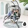 Double Swing Egg Chair with Stand – 2-Person Rattan Loveseat for Outdoor/Indoor Patio or Bedroom (Gray & Turquoise)