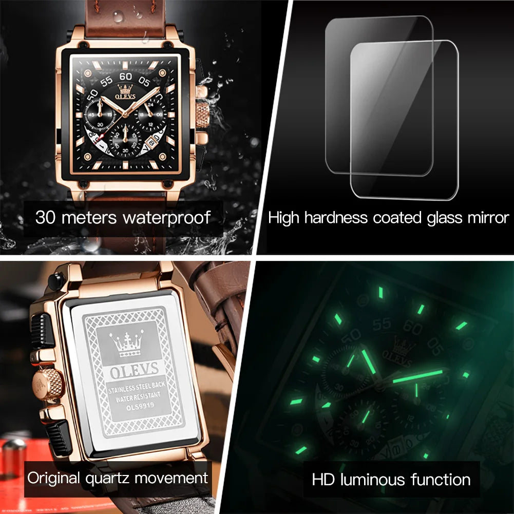 Luxury Men's Waterproof Square Watch: Luminous Quartz Wristwatch with Top Brand Elegance and Fashion