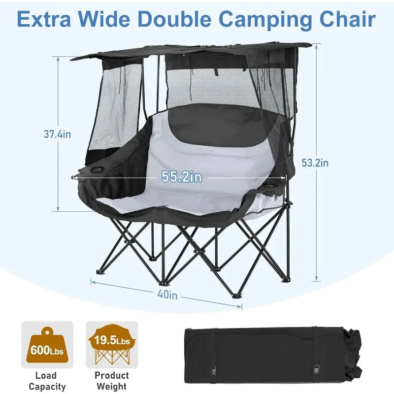 XXXL Double Camping Chair with Shade Canopy – Oversized 2-Person Folding Chair with Cup Holders, Heavy-Duty Outdoor Beach Seat + Carry Bag