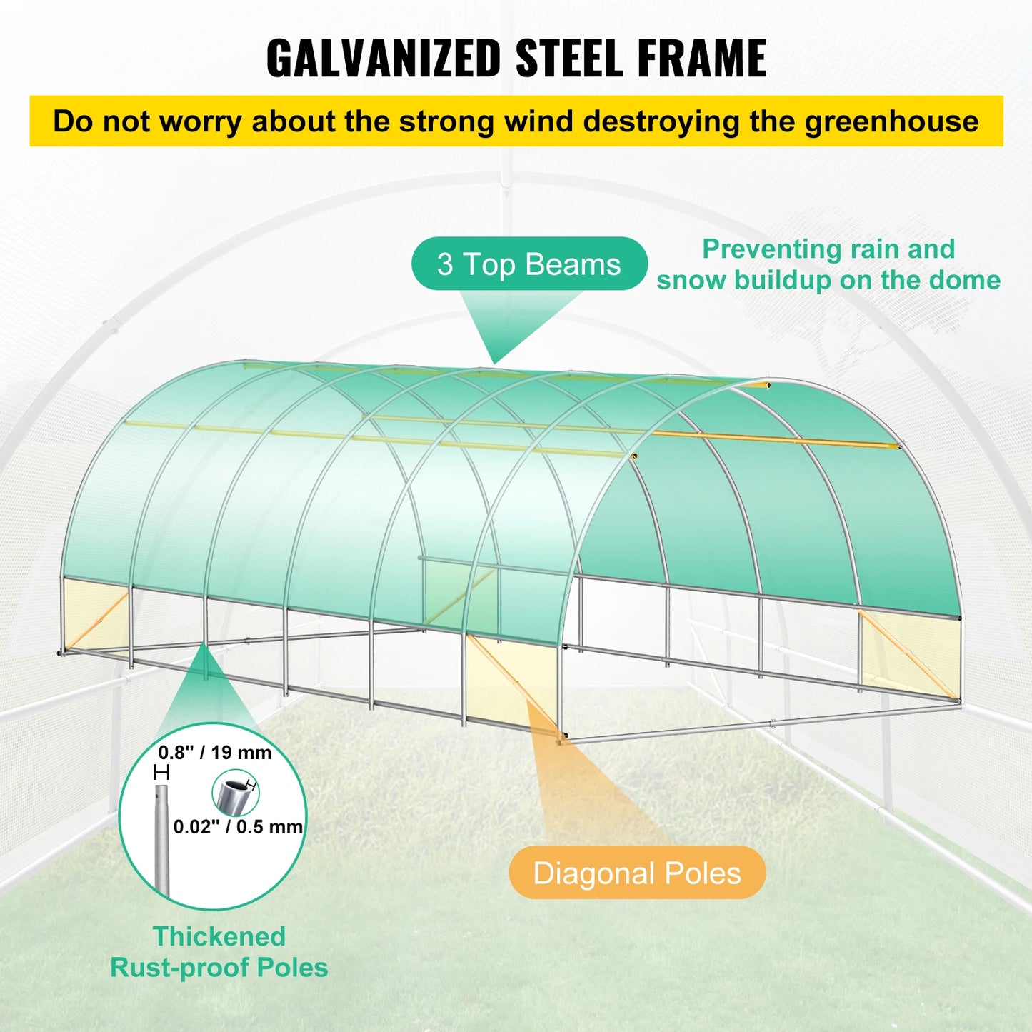 VEVOR 20x10x7 ft Walk-in Tunnel Greenhouse – Portable Design with 3 Top Beams, Diagonal Poles, 2 Zippered Doors, and 12 Roll-up Windows