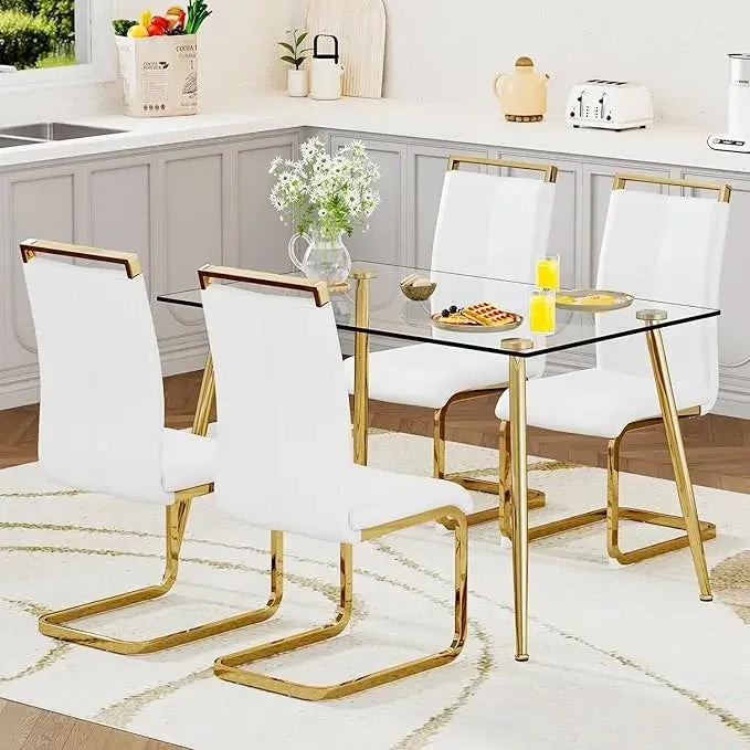 5-Piece Glass Dining Table Set – Modern Kitchen Table with 4 PU Leather Chairs for Dining Room or Apartment