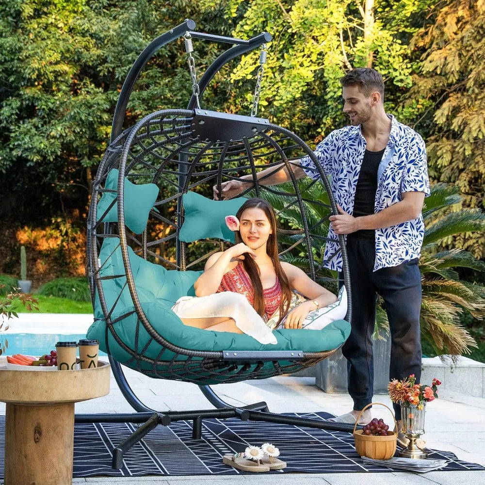 Double Swing Egg Chair with Stand – 2-Person Rattan Loveseat for Outdoor/Indoor Patio or Bedroom (Gray & Turquoise)
