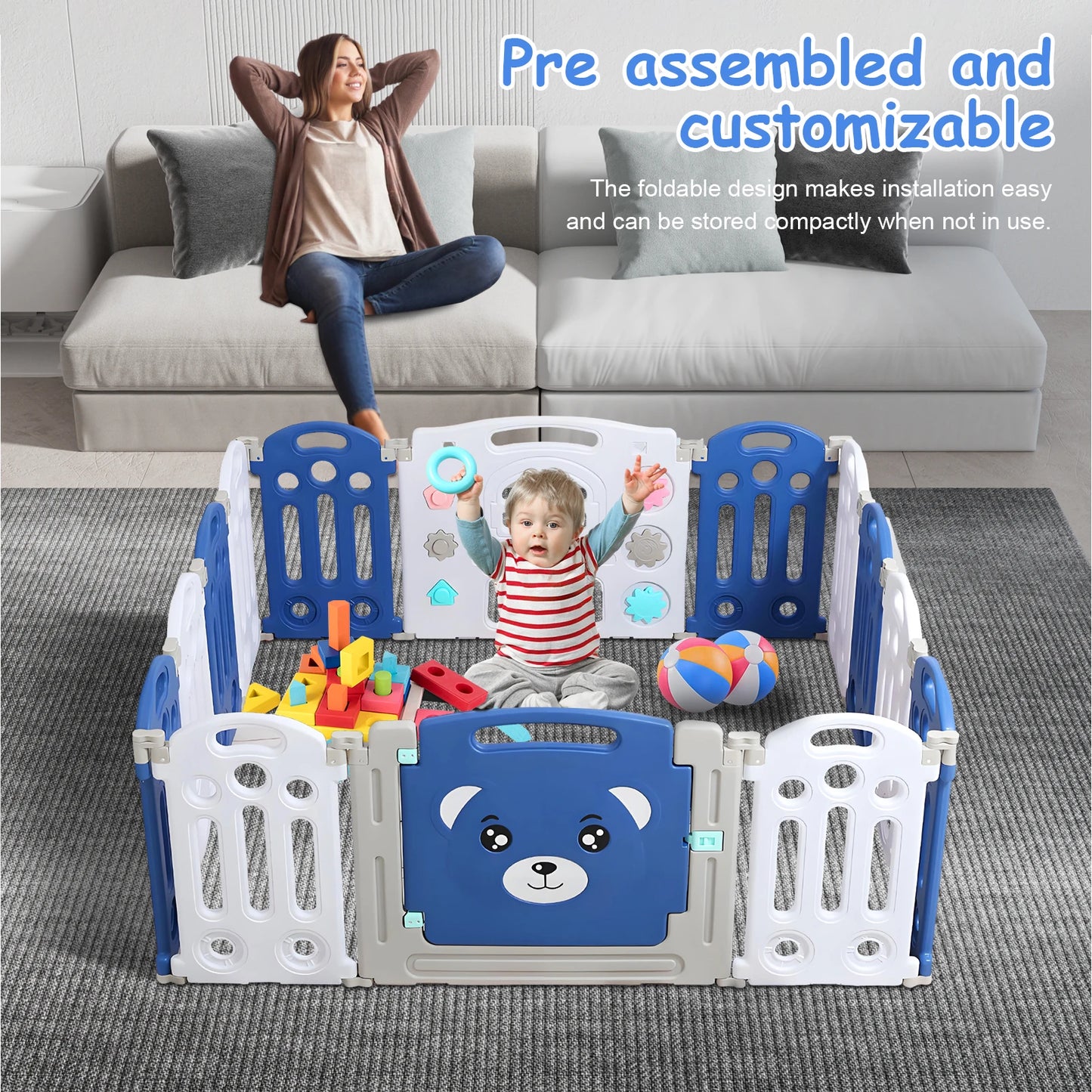 Portable Foldable Baby Playpen with Adjustable Shape, Secure Gate, and Indoor/Outdoor Safety Design