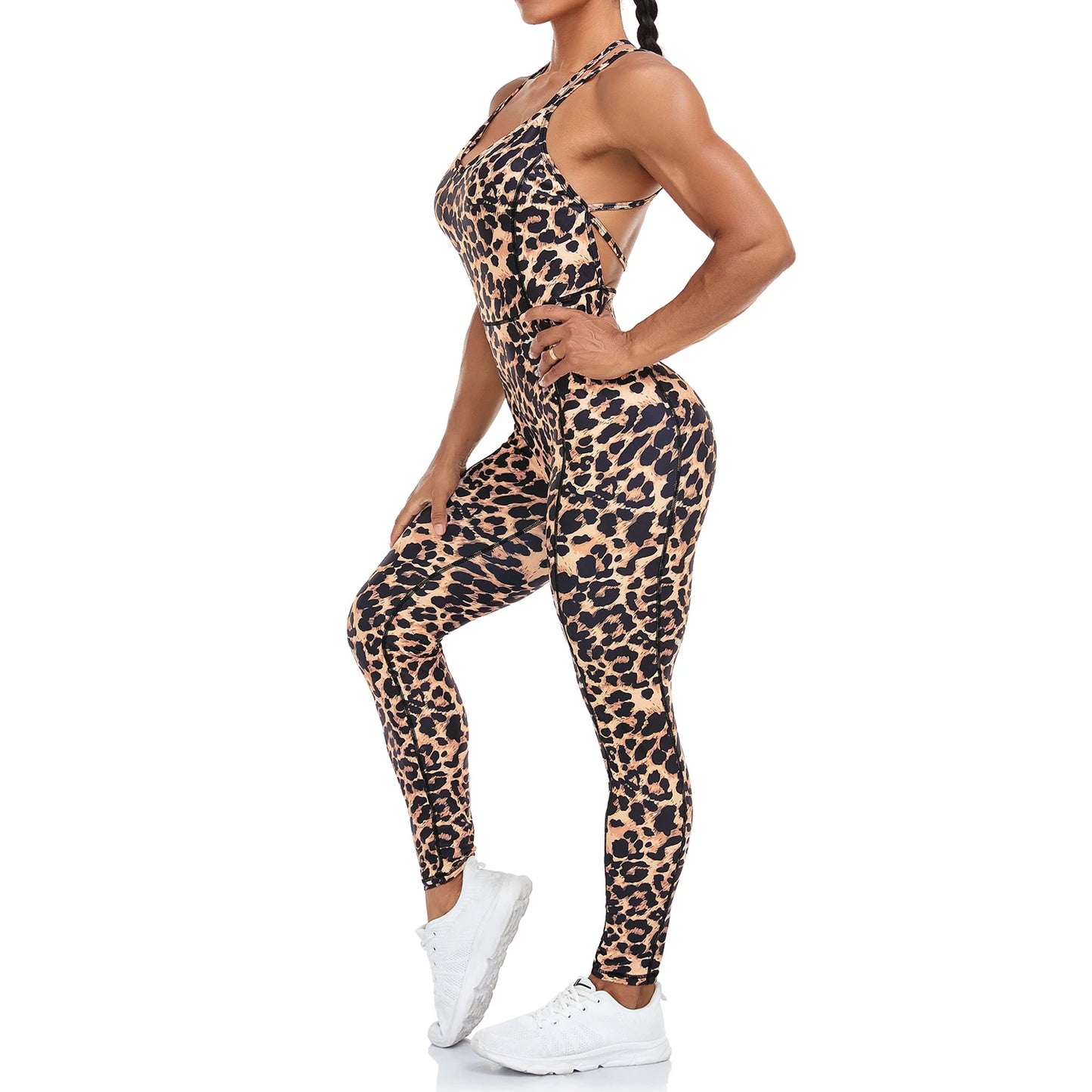 Leopard Backcross Yoga Set: Sexy Sleeveless One-Piece Jumpsuit with High-Waist Leggings – Perfect for Women!