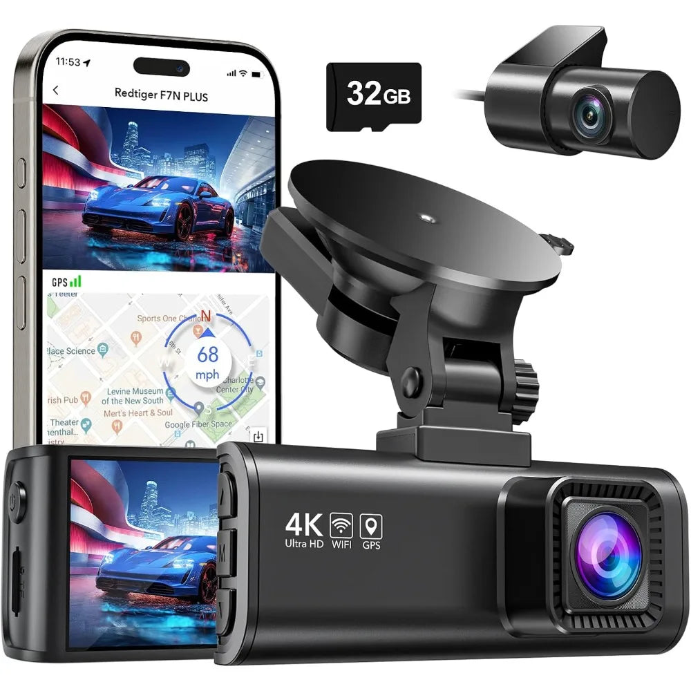 4K/2.5K Full HD Dash Cam with Front & Rear Cameras | Free 32GB Card, Wi-Fi GPS, 3.16” IPS Screen, and Night Vision