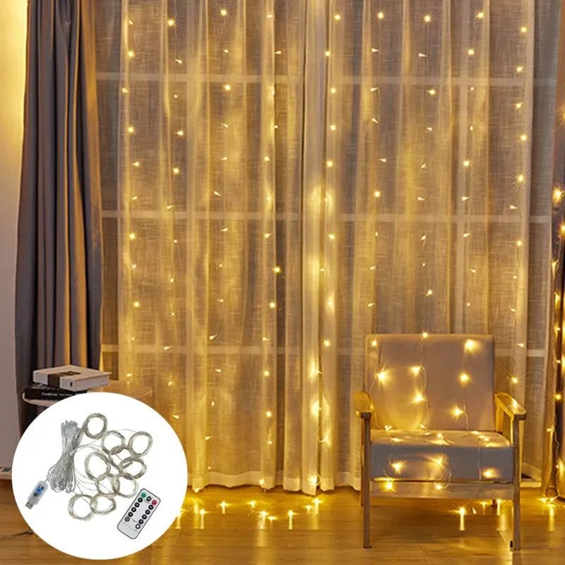 3M LED Curtain Garland Window Lights - USB String Fairy Festoon with Remote Control for New Year and Christmas Home Decorations