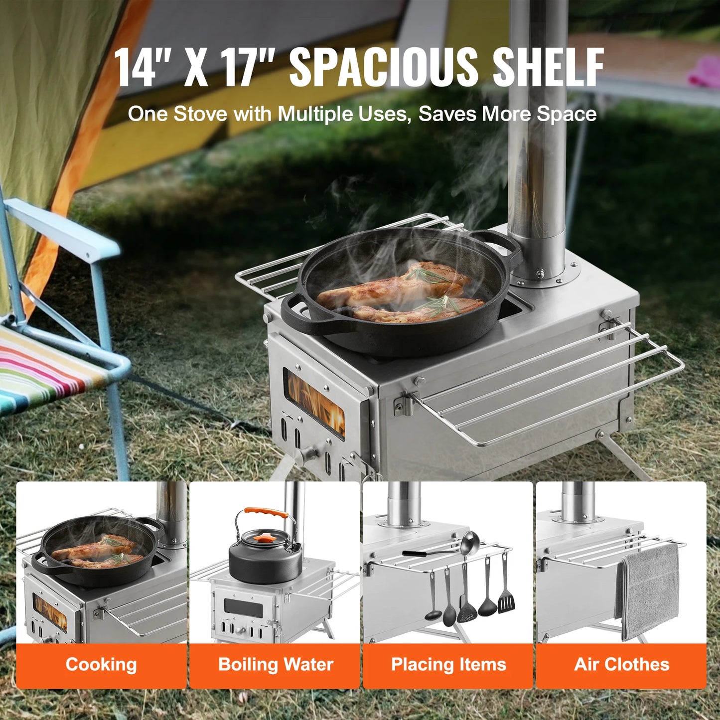 Portable Stainless Steel Wood Stove – Camping Tent Stove with Chimney Pipes, Gloves & 700in³ Firebox