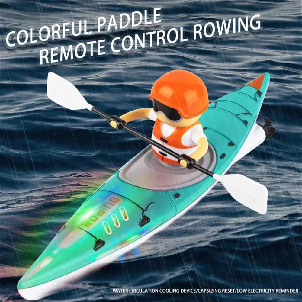 RC Boat with LED Lights – Remote Control Kayak Racing Toy, 360° Spin, Dual Modes, Waterproof
