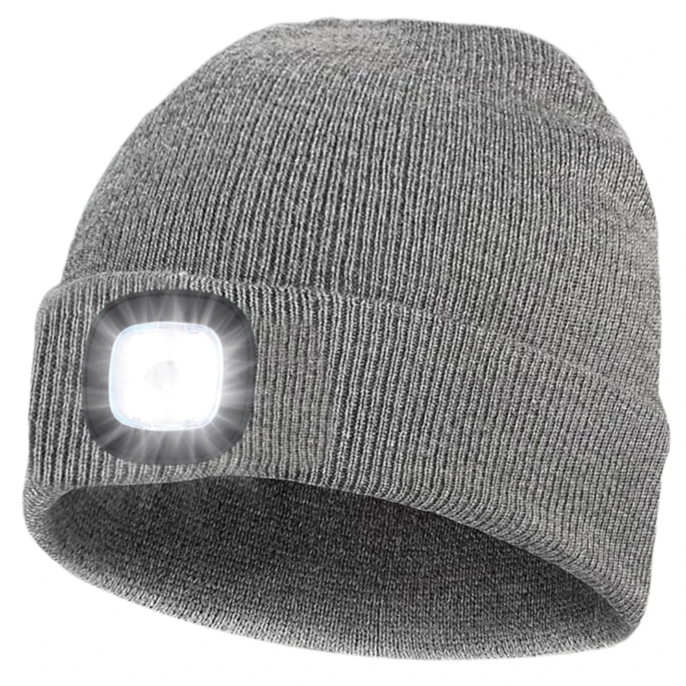 Unisex LED Beanie Hat with 4 Built-in Lights – Winter Knit Cap with Rechargeable Headlamp