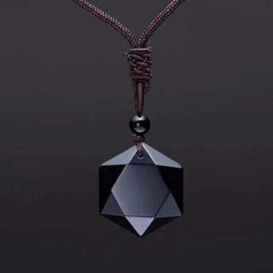 Obsidian Hexagram Pendant – Protective Black Stone Amulet Necklace for Men & Women