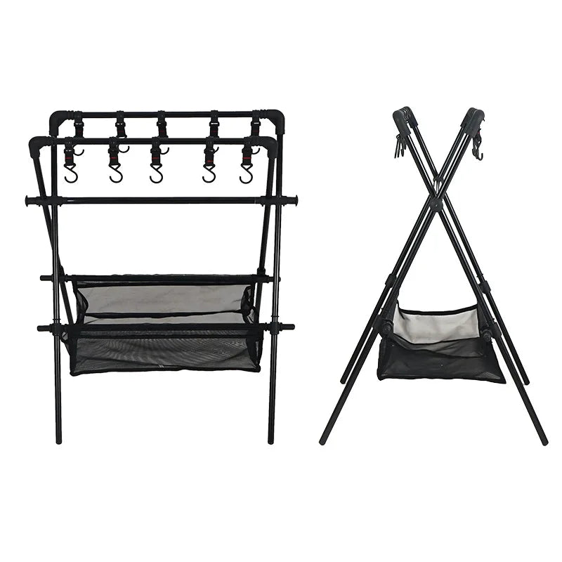 Aluminum Alloy Folding Camping Triangle Shelf - Double-Layer Hanging Rack with Hook and Net Bag for Outdoor Glamping and Picnics