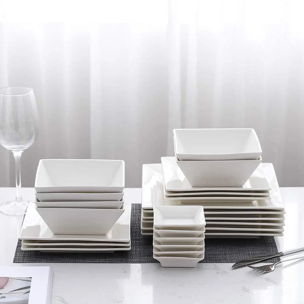 Elevate Your Dining: Elegant 24-Piece Square Dinnerware Set for 6 – Includes Plates, Bowls & Saucers in Off-White