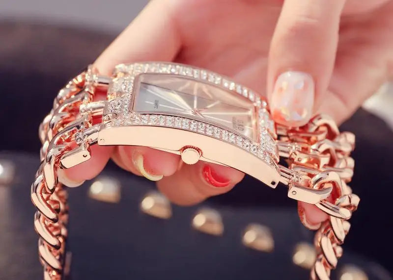 G&D Women's Fashion Bracelet Watch – Golden Quartz Wristwatch with Rhinestone Chains & Large Dial