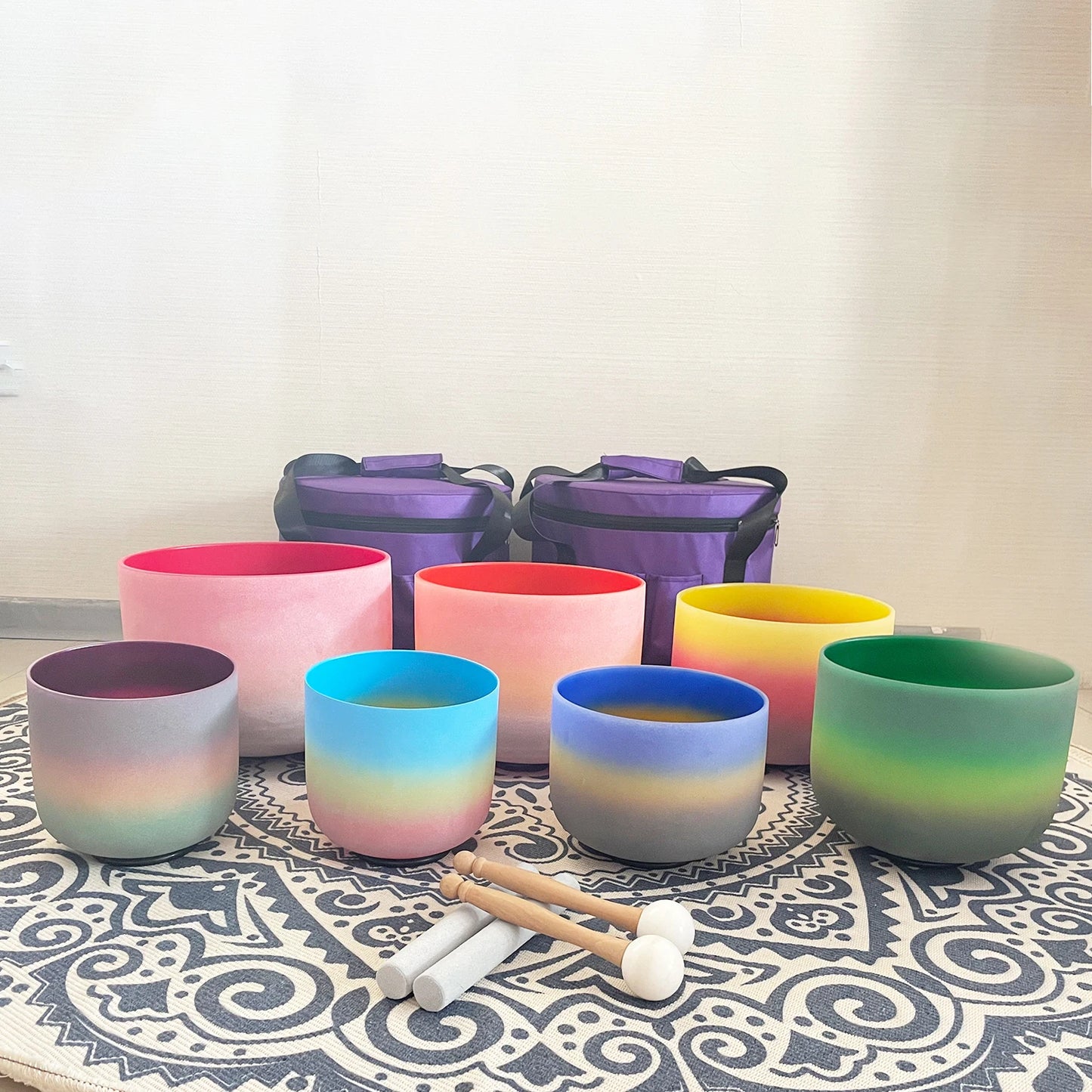 Chakra Frosted Quartz Crystal Singing Bowl Set – 7 Colorful Rainbow Bowls (6-12 Inch) – Free Shipping!