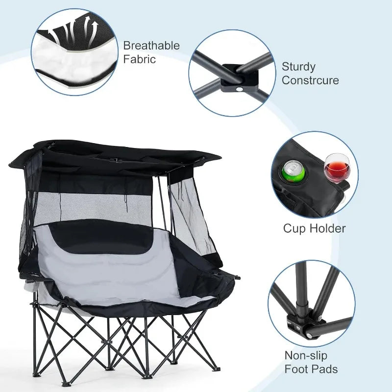 XXXL Double Camping Chair with Shade Canopy – Oversized 2-Person Folding Chair with Cup Holders, Heavy-Duty Outdoor Beach Seat + Carry Bag