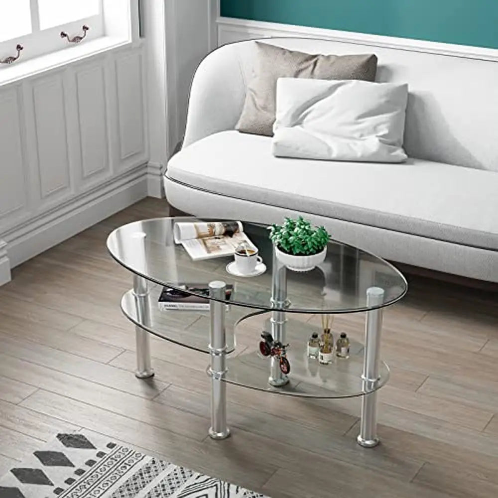 Tempered Glass Oval Coffee Table – 3-Tier Steel Frame with Open Storage Shelf, Modern Side Table for Home Décor