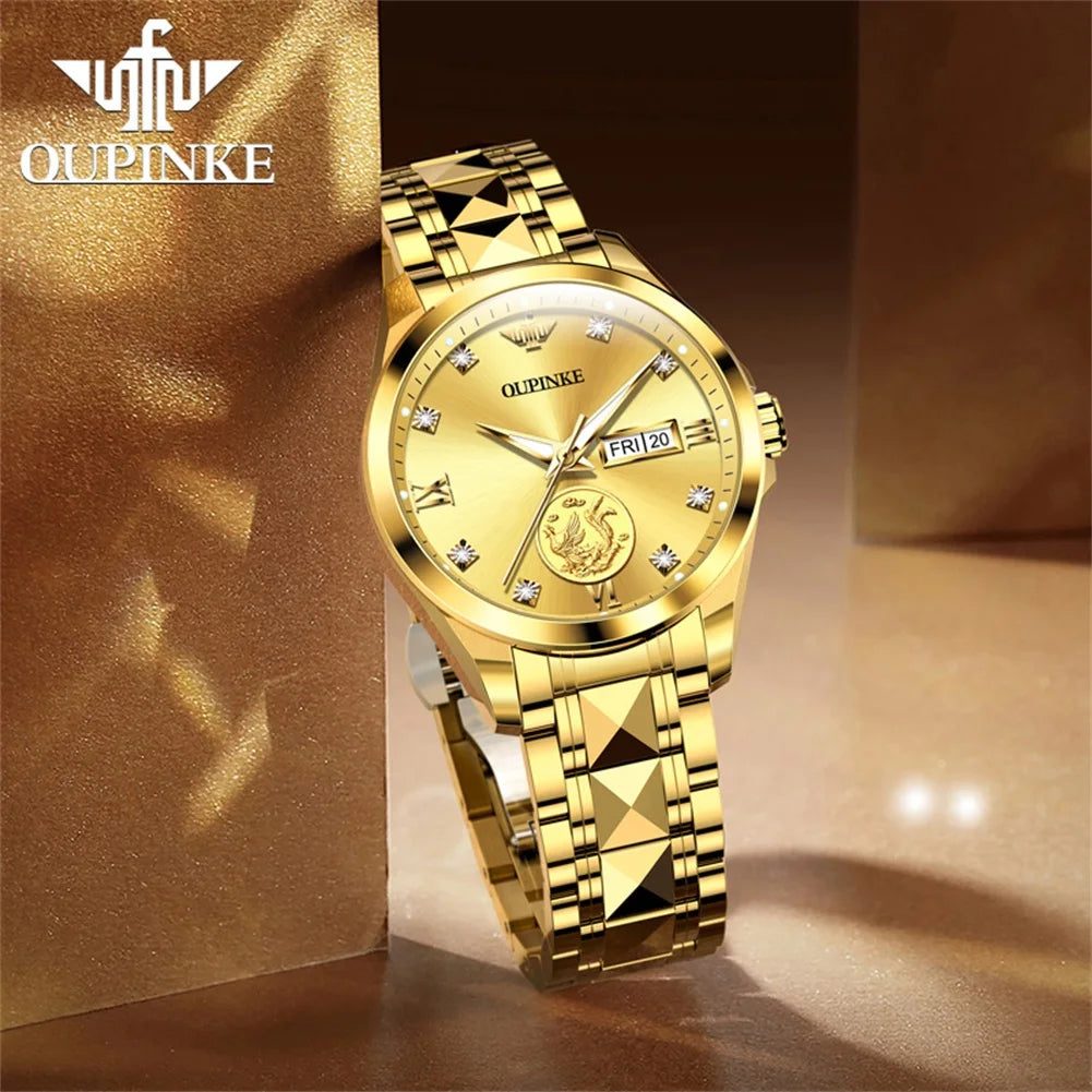 Luxury Women's Automatic Watch: Real Gold, Phoenix Inlaid, Swiss Luminous Waterproof Mechanical Wristwatch