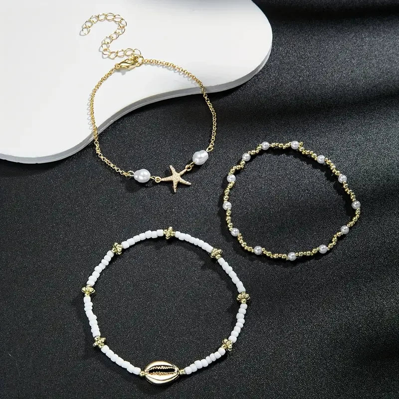 3-Piece Beach Anklet Set for Women – Vintage Gold Starfish & Shell Charms, Summer Boho Jewelry for Vacation & Daily Wear