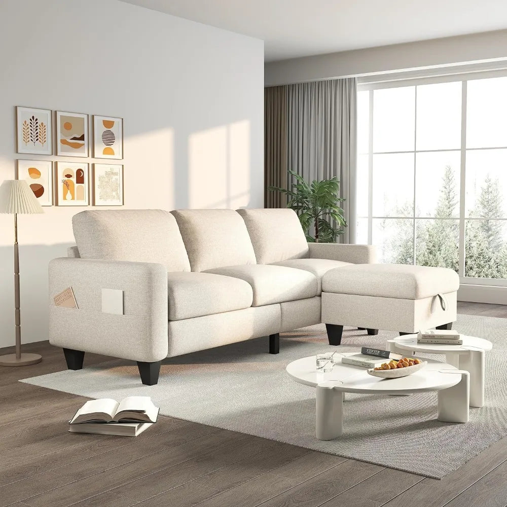 Modern Beige Linen 3-Seater L-Shaped Sofa with Reversible Footrest and Storage